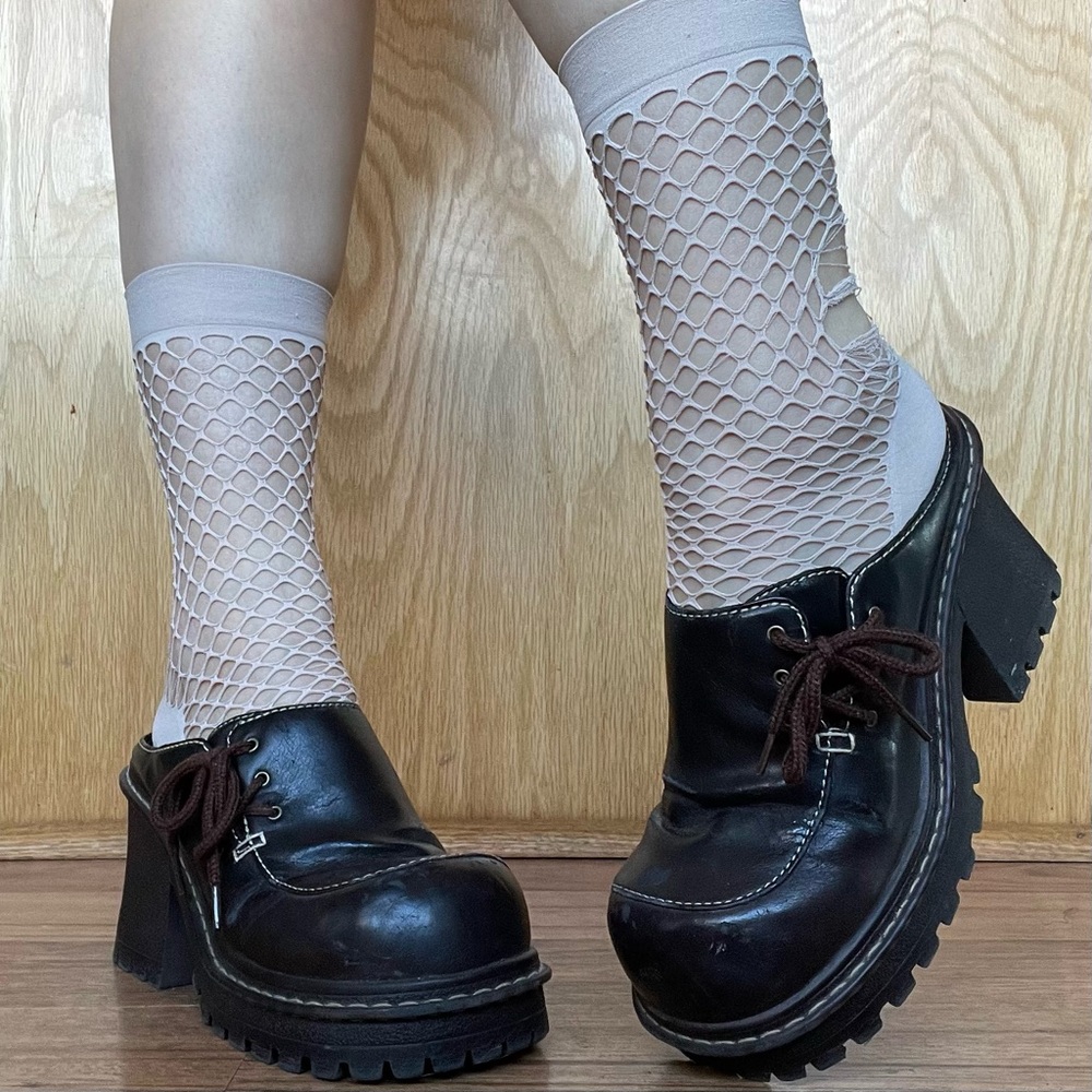L.E.I. Vintage Y2K Brown Faux Leather Chunky Platform Lace Up Heeled Mule Shoes - Picture 2 of 12